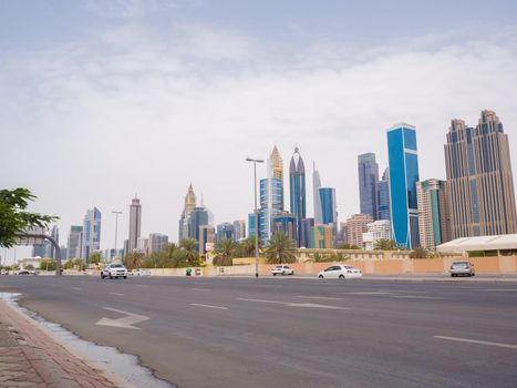 Panorama of tall Skyscrapers in skyline of Dubai