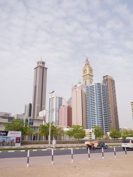 Panorama of tall Skyscrapers in skyline of Dubai