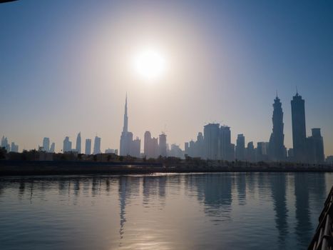 Panorama of the city of Dubai early in the morning at sunrise with a bridge over the city channel Dubai Greek