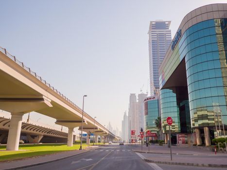 Streets with modern skyscrapers of the city of Dubai