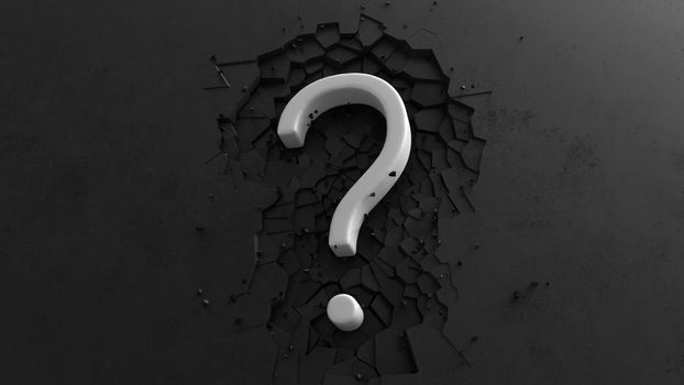 Large White Question mark symbol on Dark background with impact effect breaking floor 3D render.