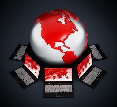 Global computer network with laptop computers on black background