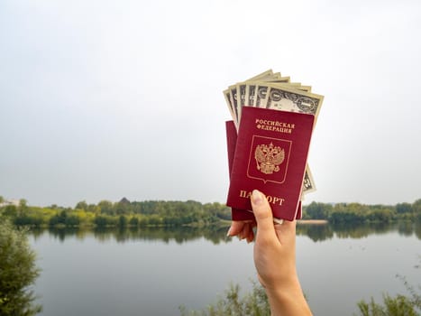 A foreign passport and dollars in your hand, against the background of nature. Filmed outdoors.