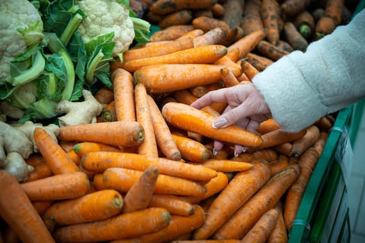 A woman's hand, buying groceries at the supermarket. Vegetables and fruits in a large assortment.