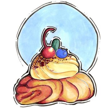 Sweet delicious meringue with whipped cream and blueberries and cherries. Drawn by hand with alcohol markers