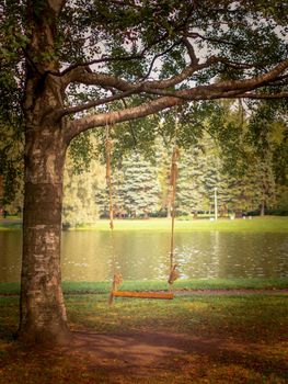 homemade swing from a Board and rope on a tree in a Park or garden, nobody, empty space, autumn background.