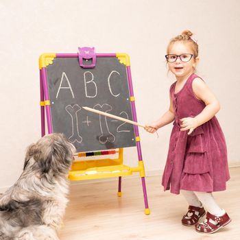 little girl teacher plays with her dog in school and shows her English letters . The dog sits on its hind legs and listens carefully. The girl remembers the letters and smiles