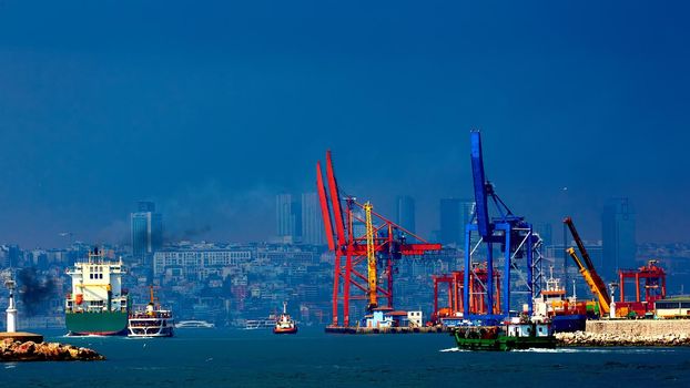 Istanbul, Turkey - 05.05.2022: Haydarpasa Port and Container Terminal in Kadikoy Seaside in Istanbul, Turkey. Terminal is main trading port in Asian side of the city.