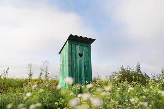 Vintage toilet. An outdoor rustic green toilet with a heart cut out on the door. Toilet in a field of flowers