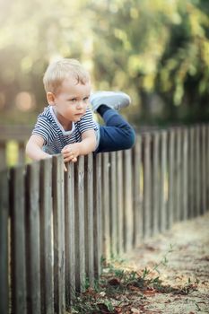 Little boy climbing over wooden fence into a garden. Kids playing in nature concept