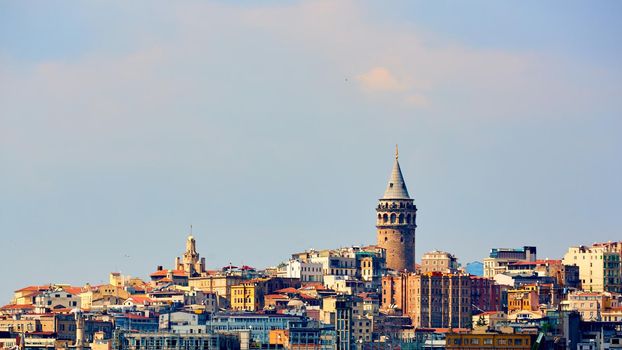Istanbul cityscape in Turkey with Galata Tower, 14th-century city landmark in the middle. Retro Style