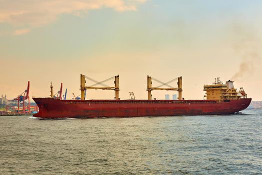Large cargo ship in in Bosphorus Strait, Istanbul, Turkey.