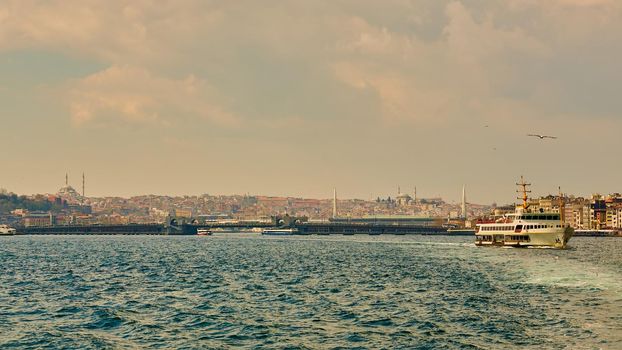 Golden Horn Bay and the Halic Bridge with the Beyoglu and Eyup districts. Retro style