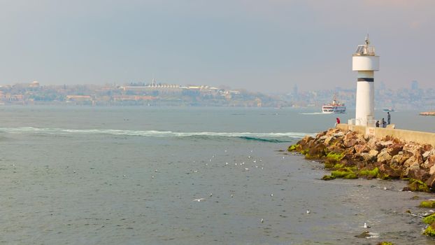 Istanbul Kadikoy Inciburnu Feneri Lighthouse. Located in Bosphorus at the head of the Inciburn Break, Kadikyo Harbor.