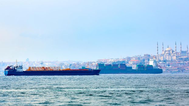 Fully loaded container ship and Oil tanker moving through Bosphorus
