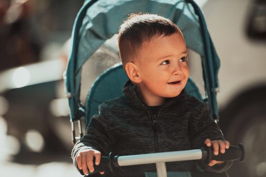 Sweet baby boy tow years old in a stroller bicycle outdoors. Little child in a pram. Infant kid in a pushchair. Spring walks with kids. High quality photo