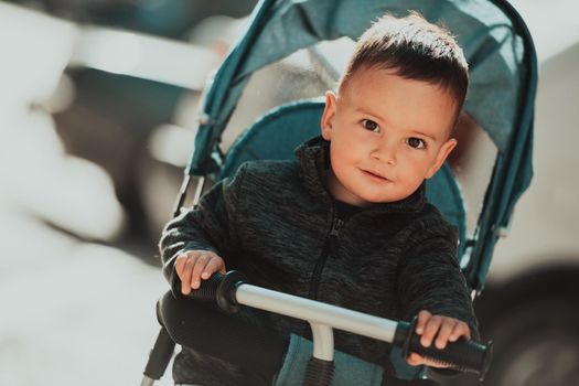 Sweet baby boy tow years old in a stroller bicycle outdoors. Little child in a pram. Infant kid in a pushchair. Spring walks with kids. High quality photo