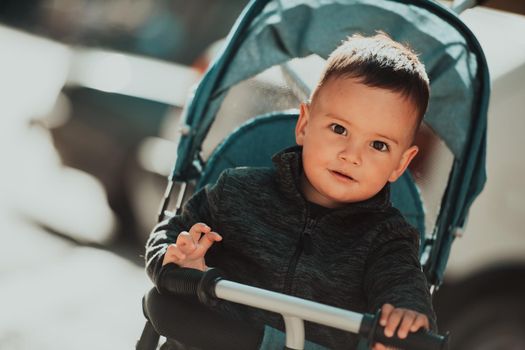 Sweet baby boy tow years old in a stroller bicycle outdoors. Little child in a pram. Infant kid in a pushchair. Spring walks with kids. High quality photo