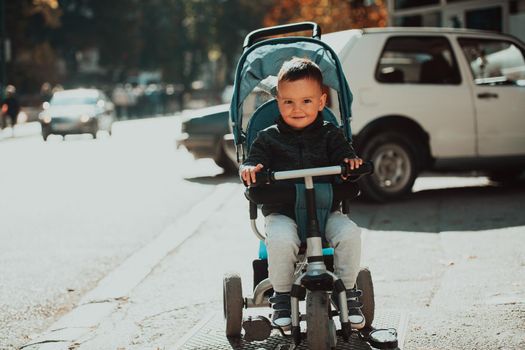 Sweet baby boy tow years old in a stroller bicycle outdoors. Little child in a pram. Infant kid in a pushchair. Spring walks with kids. High quality photo