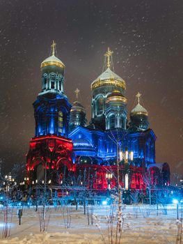 ODINTSOVO, RUSSIA - January 03, 2021. Night view of illuminated Main Cathedral of the Russian Armed Forces in Patriot public park.