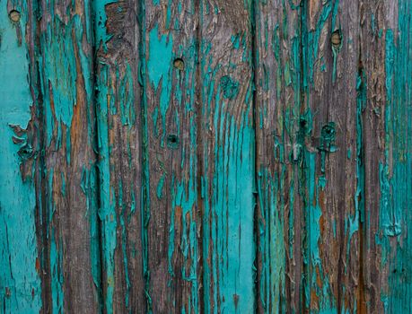 Old wooden green background of boards with cracked and peeling paint.