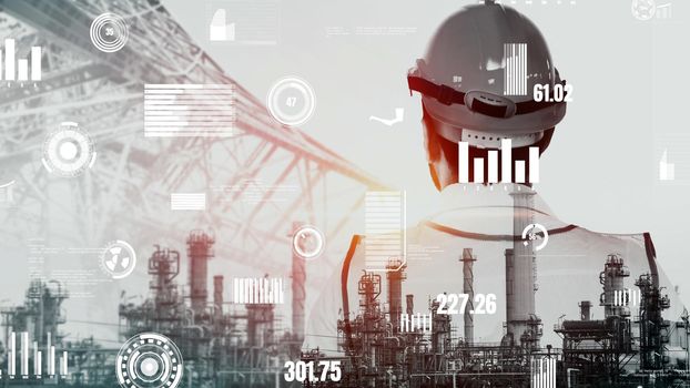 Future factory plant and inventive energy industry concept in creative graphic design. Oil, gas and petrochemical refinery factory with hologram showing next generation of power and energy business.