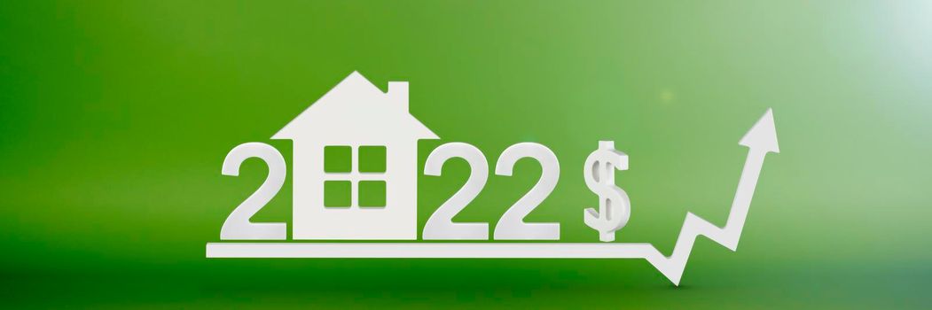 Real estate value in 2022. Rising costs of construction, insurance, rent and mortgages. inflation and rising prices. Model of a house on a green background. Numbers 2022 and dollar sign on up arrow.