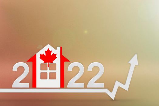 The cost of real estate in Canada in 2022. Rising cost of construction, insurance, rent in Canada. House model painted in flag colors, up arrow on yellow background.