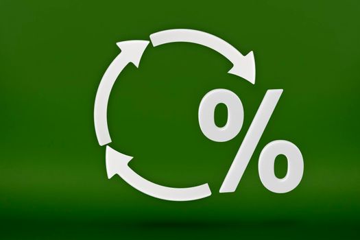 Ecology, recycling symbol and percent sign, white arrows form a circle. 3D image on a green background. Green products, green renewable energy.