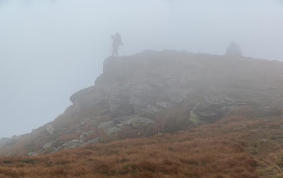 Rocky mountain peaks in the fog, the Carpathians in the fog during autumn.