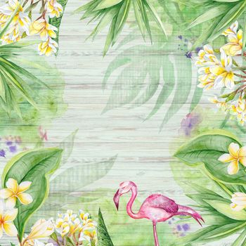 Plants botanic frame with plumeria flowers and flamingo