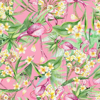 Travel hand-painted pink background with plumeria flowers and flamingo birds