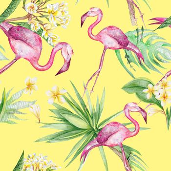 Exotic print with hand-painted watercolor plants and birds