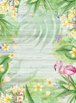 Plants botanic frame with plumeria flowers and flamingo