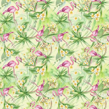 Exotic print with hand-painted watercolor plants and birds