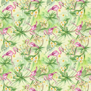 Exotic print with hand-painted watercolor plants and birds