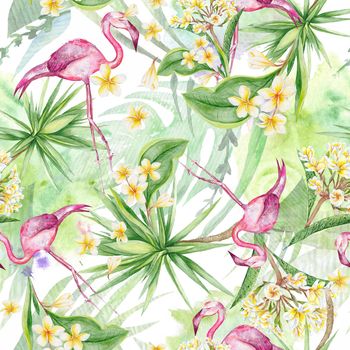 Travel hand-painted background with plumeria flowers and flamingo birds