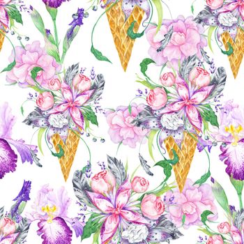 Seamless background with pink peony, lilac and iris flowers and grey feathers on white background
