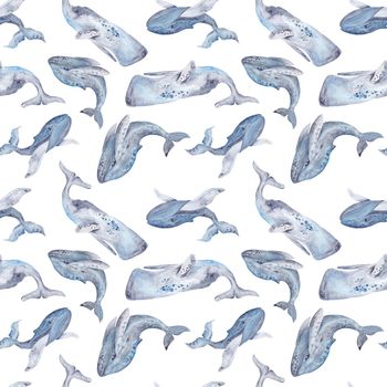 Sea travel pattern with blue and grey fishes on white background