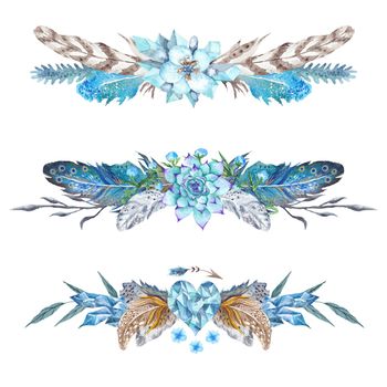 Collection of stylish watercolor hand-painted feathers, florals, arrows and triangles in boho style