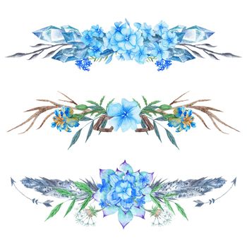 Collection of stylish watercolor hand-painted feathers, florals, arrows and triangles in boho style