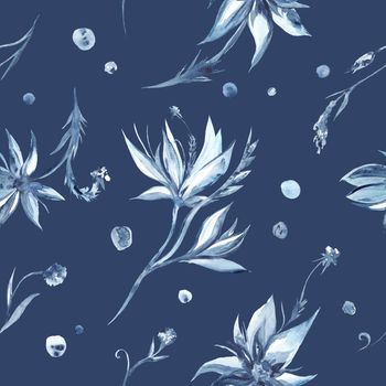 Elegant texture with flowers and birds on indigo background for textile and wallpaper design