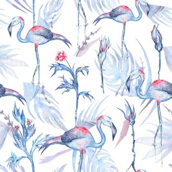 Seamless texture with frosty blue tropical plants, flowers and birds on white background for textile and wallpaper design