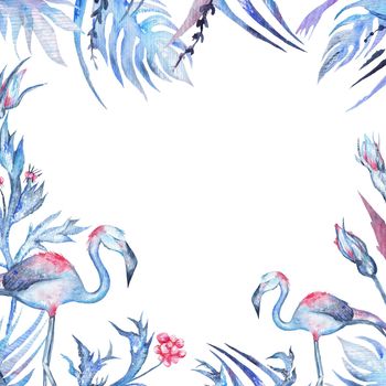 Blue exotic card template with palm leaves, rose buds and flamingo birds on white background