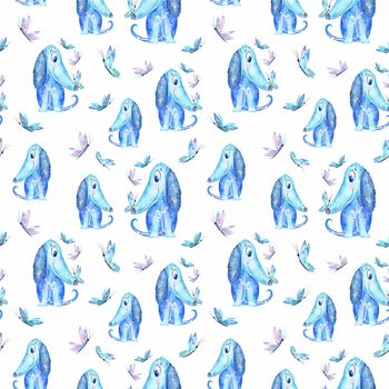 Watercolor Seamless texture with azure blue puppies, butterflies on white background