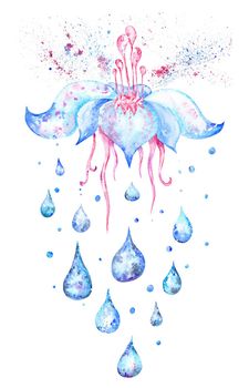 Tender Watercolor illustration with lotus, water drops and color splash