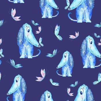 Seamless texture with watercolor azure puppy and butterflies on indigo background for new year 2018 designs