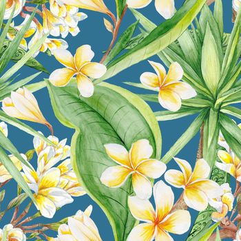 Travel hand-painted background with plumeria, frangipani flowers and yucca tree