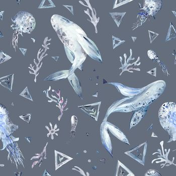 Marine texture with hand-painted sea animals on indigo background