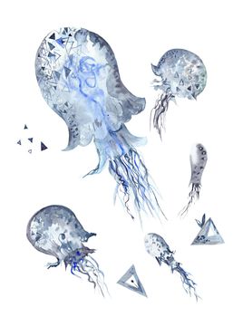 Large high-detailed hand-painted illustration with jelly fishes in gray and blue colors isolated on white background